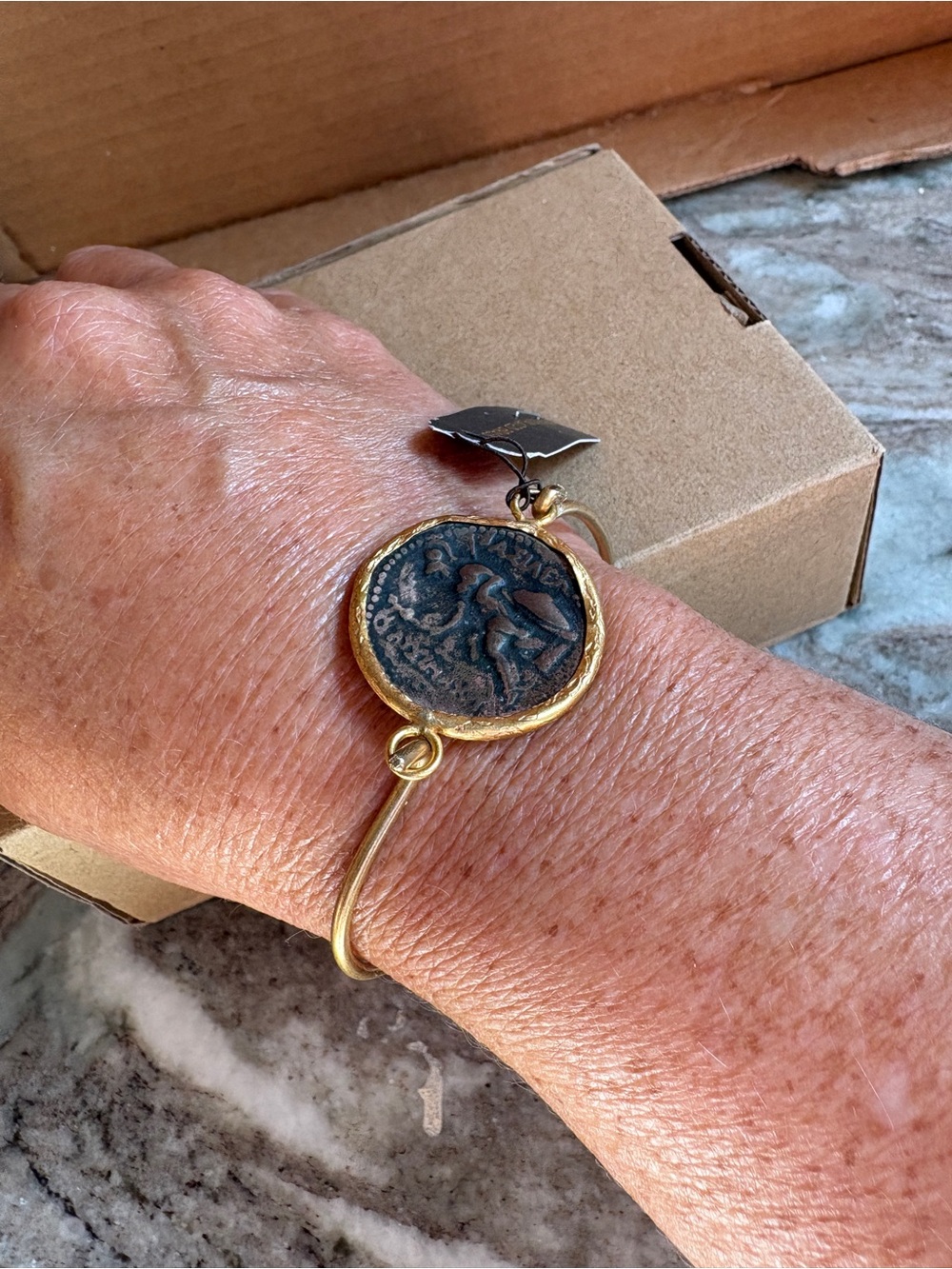 22KT Gold-plated hand-hammered Coin Bangle Bracelet with Dark Patina Coin